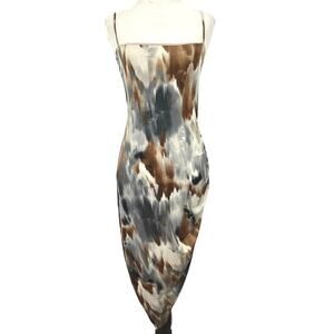 Windsor Abstract Print Bodycon Midi Dress M Brown Gray Ruched Asymmetrical Hem